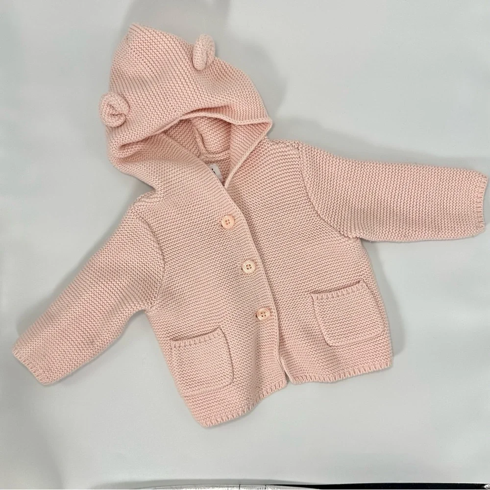 Baby Gap baby pink chunky knit button up cardigan with ears size 3-6M